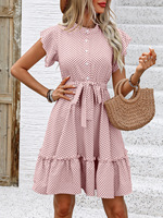Robe Midi Femme Élégante Style Vacances Transfrontalières Automne-Été 2025 à Pois, Coupe Trapèze, Col Rond, Manches Courtes, Volants et Taille Naturelle Froncée