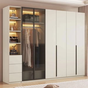 Armoire moderne personnalisée avec portes en verre à cadre noir, éclairage LED et tiroirs latéraux pour le rangement de la chambre - Product Image 1