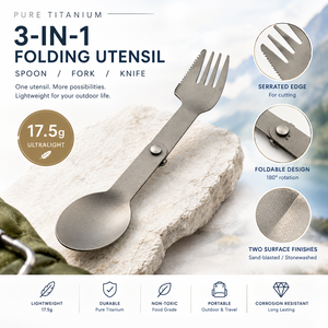 Fourchette-cuillère-couteau en titane pur pour le camping, 3 en 1, pliable, ultralégère, ustensile de camping en plein air - Product Image 2