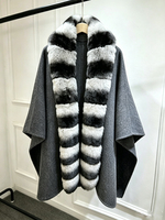 Janveny 2026 Manteau Poncho de Luxe Hiver Double Face en Cachemire Mélangé pour Femme, Veste Chaudes en Fourrure Naturelle Véritable avec Grand Col en Fourrure, Cape et Manteau en Fourrure