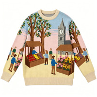 Pull long en tricot jacquard épais en coton pour homme, grande taille, collection automne, motif paysage tendance, vente en gros par petites quantités