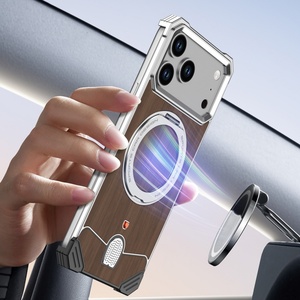 Luxury Walnut Wood Back Panel Magnetic <b>Phone</b> Case for iPhone 18 17 Pro Max With 360° <b>Ring</b> Stand Aluminum Metal Frameless Cover - Product Image 5