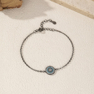 S925 Silver Black Rhodium Plated Chain <b>Bracelet</b> With Blue Crystal BohoStyle Eye Pendant Classic Everyday Wear Unisex - Product Image 5