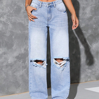 Jean Boyfriend Simple et Tendance pour Femme, Taille Basse, Coupe Droite, en Denim Décontracté, avec Trous aux Genoux Élégants, Tissé Printemps
