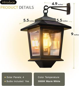 Lámpara Solar de Pared Resistente a la Intemperie IP44, Antioxidante, Encendido Automático al Anochecer, LED Blanco Cálido de 3000K, Lámpara Colgante de Pared para Jardín y Porche Delantero - Product Image 6