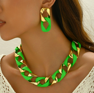Ensemble collier et boucles d'oreilles en acrylique mat, maillons cubains carrés, pour femme, style hip-hop, bijoux et accessoires color block - Product Image 1