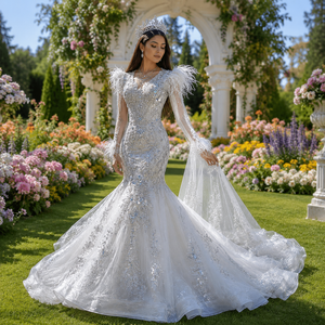 Wx449 Feather Mermaid <b>Wedding</b> Dress Deep V Neck Beaded Pearl Cuff Sheer Sleeve Sparkling Train Jancember - Product Image 1