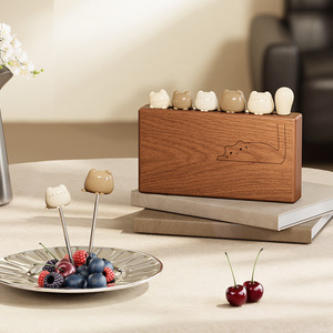 Home Fruit Plate Dessert Fork Cartoon Style 304 Stainless Steel Ebony Wood Base For Kitchen Use - Product Image 1