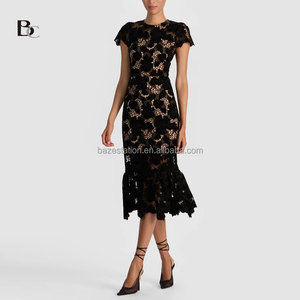 Ropa personalizada de alta calidad OEM/ODM de fábrica de lujo <span class=keywords><strong>guipur</strong></span> bordado espalda abierta encaje carrera cóctel <span class=keywords><strong>Midi</strong></span> <span class=keywords><strong>vestido</strong></span> para mujer - Product Image 2