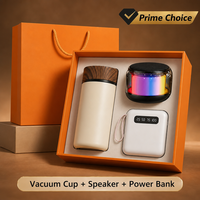 Ensemble cadeau promotionnel d'entreprise personnalisé : Tasse isotherme, enceinte Bluetooth et batterie externe avec logo