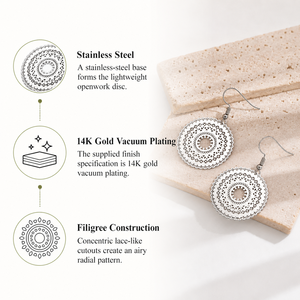 Boucles d'oreilles pendantes en filigrane, acier inoxydable plaqué or 14 carats, ajourées, rondes, à crochet, 45 × 28 mm - Product Image 4