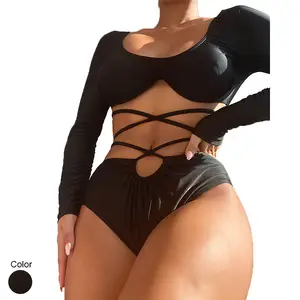 Bañador de manga larga liso para mujer, traje de baño personalizado con cordones, Bikini negro de cintura alta