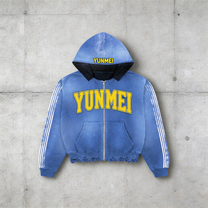 Felpa con Zip Yunmei per Uomo, Produzione Personalizzata con Ricamo, Colori a Blocchi, Effetto Lavaggio Acido, Strappata e Invecchiata, Felpa Pesante - Product Image 3