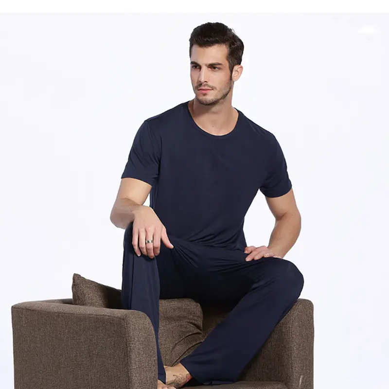 Conjunto de pijama de viscosa de bambú para hombre de talla grande, camisa y pantalones con bolsillos, ropa de dormir para hombre