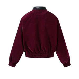 Wholesale Vintage Burgundy <b>Velvet</b> <b>Jacket</b> <b>For</b> <b>Men</b> Contrast Faux Leather Collar Full Zipper Cropped Streetwear Coat - Product Image 4