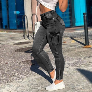 Jean sexy pour femme, coupe mollet, avec poches zippées, brossé et vieilli, style mode - Product Image 6