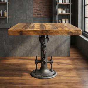 Table de salle à manger industrielle carrée vintage en métal, fonte et bois de manguier, hauteur réglable, design pliable, 4 places, pour hôtel et restaurant - Product Image 2