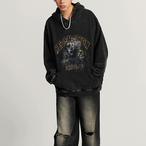 Sweat à capuche rétro délavé pour homme, en coton épais, imprimé, coupe ample, style streetwear, idéal pour l'hiver - Product Image 1