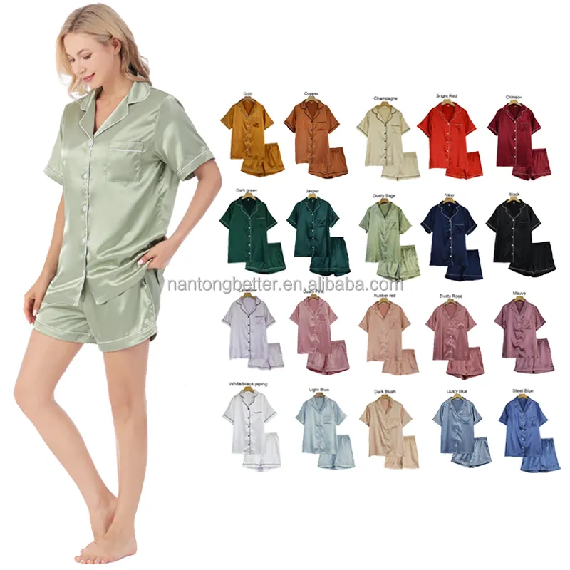 Wholesale Luxury Silk Women Pajamas Short Sleeve Satin Pajama Set Sleepwear
