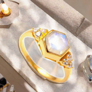 925 Sterling Silver Rainbow <b>Moonstone</b> <b>Ring</b> Hexagonal Bezel Set Women -Jewelry for Wedding Party - Product Image 3