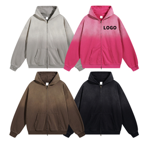 เสื้อฮู้ดดี้โอเวอร์ไซส์คุณภาพสูงสำหรับใส่ทุกวัน ล้างสีแบบแอซิด นุ่มสบายเป็นพิเศษ สไตล์วินเทจ ซิปหน้า สำหรับผู้ชาย อุ่นสบาย หนานุ่ม - Product Image 1