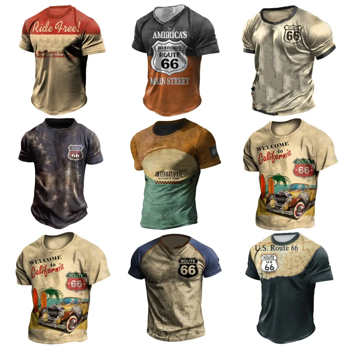 Zomer Heren T-Shirts Amerikaanse Vintage Bedrukte Vakantie Tops Route 66 Race Tops Casual O-Hals Shirts Losse Mannelijke Harajuku T-Shirt