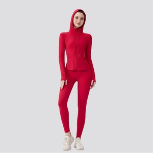 Ensemble 2 pièces <span class=keywords><strong>Lulus</strong></span> Signature Yoga Wear Automne/Hiver : Veste à capuche et pantalon court, manches longues, couleur unie, pour la course et l'entraînement, grandes tailles - Product Image 2