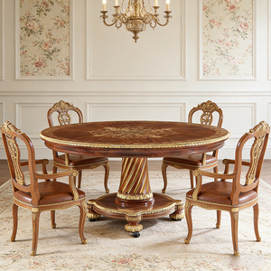 Juego de Mesa Redonda de Madera Sólida para Comedor, Diseño Clásico Antiguo para 4-6 Personas, Fabricante de Muebles para Villas - Product Image 1
