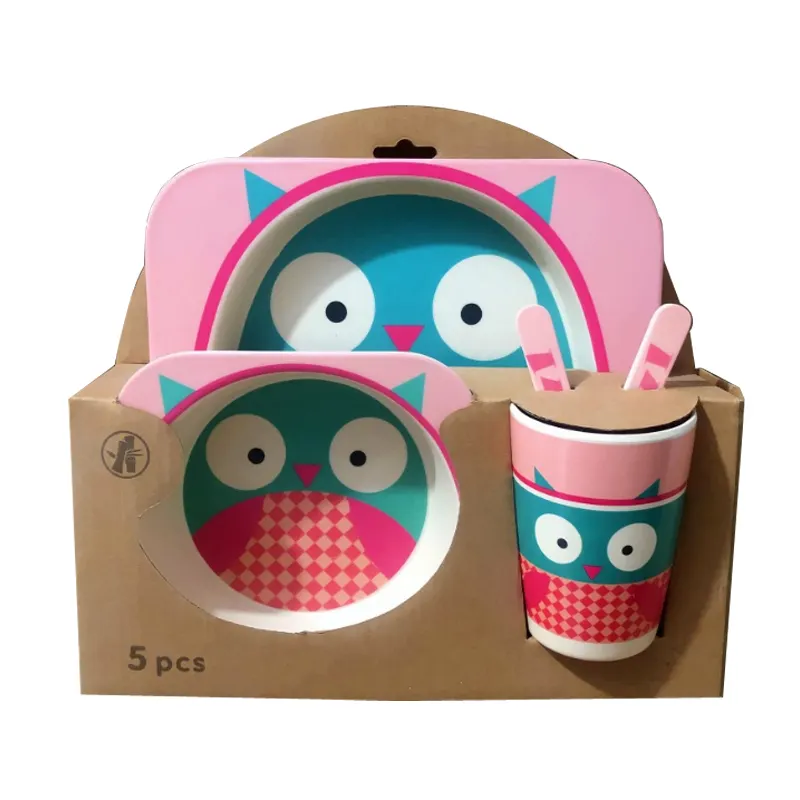 Animal cow owl design vajilla de melamina bamboo kids set, cute melamine bamboo kiddie cartoon dinner ware