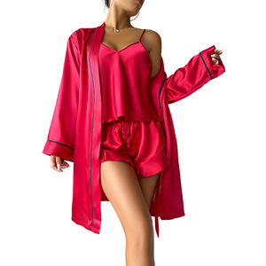 Da <span class=keywords><strong>donna</strong></span> abiti lunghi in seta di raso di lusso accappatoio lungo taglie forti <span class=keywords><strong>3</strong></span> <span class=keywords><strong>pezzi</strong></span> pantaloncini Cami pigiami da <span class=keywords><strong>donna</strong></span> pigiami Sexy - Product Image 1