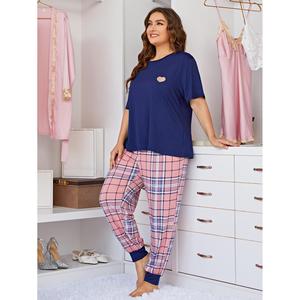 Plus Size Women's Pajama Set Black <b>Red</b> Plaid Long Pants Short Sleeve Milk <b>Silk</b> Loungewear for Home and Outdoor Use - Product Image 3