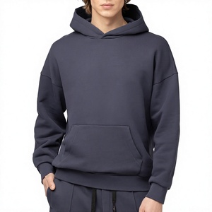 Sweat-shirt à capuche bleu marine pour homme, polyester/coton, coupe classique, streetwear, épais, décontracté, couleur unie, cordon de serrage - Product Image 1