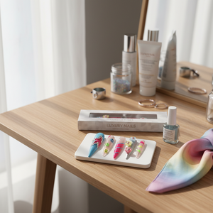 Set di chiodi lunghi da bara a stampa francese di lusso fatto a mano Rainbow Chic modello quadrato Aura riutilizzabile con colla - Product Image 3