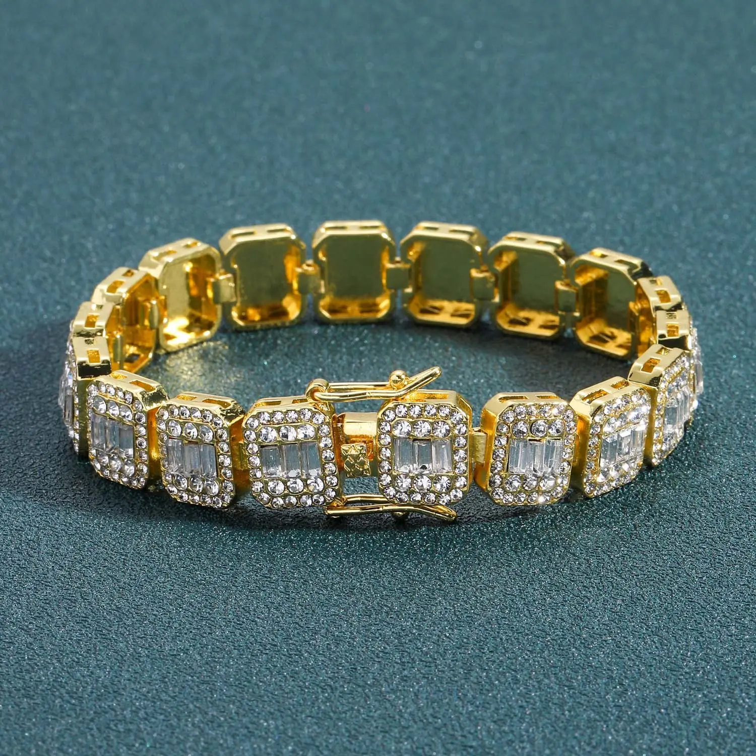 New 13mm Square Diamond Tennis Chain Bracelet Jewelry Real Gold Plated Hip Hop Crystal Rhinestone Cuban Chain Alloy Bracelets