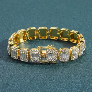 New 13mm Square Diamond Tennis Chain Bracelet Jewelry Real Gold Plated Hip Hop Crystal Rhinestone Cuban Chain Alloy Bracelets