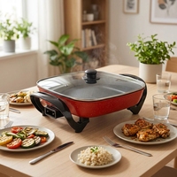 Casserole électrique 1201 1500W avec couvercle en verre trempé, corps en alliage d'aluminium, commande par bouton, normes US EU UK, 110V 220V
