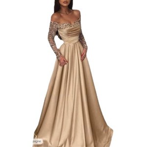 Robe de soirée à paillettes, épaules dénudées, manches longues, taille Empire, en satin, robe formelle pour hôte de banquet - Product Image 5