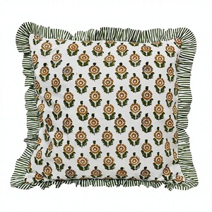 Funda de cojín bohemio con estampado de bloques con volantes, cojines de cama de algodón hechos a mano, funda de cojín bohemio, decoración Vintage para el hogar - Product Image 1