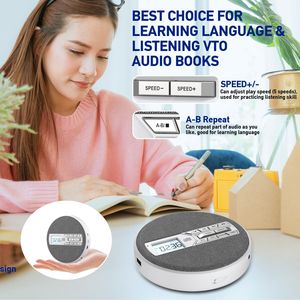 Lecteur CD portable en tissu blanc rond avec batterie 1500 mAh, double récepteur et émetteur Bluetooth, radio FM, USB, AUX, répétition A-B, son variable - Product Image 6