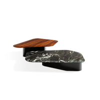 Table basse artistique irrégulière avec plateau en placage de bois naturel, base noire brillante, forme unique, table centrale pour maison de luxe