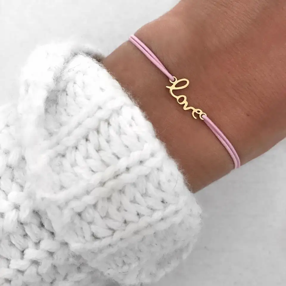 Pulsera de acero inoxidable para mujer, brazalete de cuerda de hilo chapado en oro hecho a mano, dije de Metal ajustable con palabra de amor Real