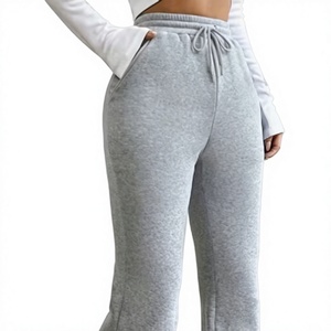 Hardhoodi Interation Pantalones deportivos grises de cintura alta para mujer, cintura elástica, bolsillos con cordón, ajuste holgado informal, longitud completa, deportivos - Product Image 1