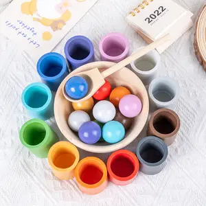 Kids Balls Cups Wood Sorter Game Sorting And Counting 12 Color Rainbow Toys Baby Preschool Learning Education Montessori Toy