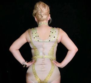 Cantante femminile modello di auto djgogo golden senza carne stretch strass one-piece nappa mantello performance costume femminile - Product Image 5