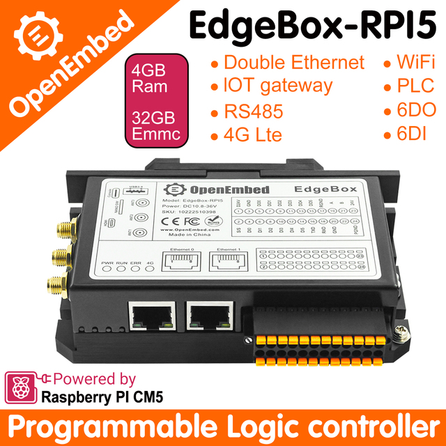 OpenEmbed PLC Controller Box Raspberry Pi CM5 Edgebox-RPI5 with GNSS WIFI RS485 BLE5.0 PLC Programming 2-Year Warranty
