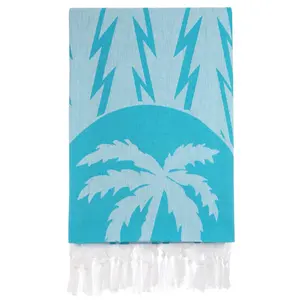 Palm Tree Patterned Tropical Style Sunbed Beach Bath Towel with Tassels New Patented Design Private Label 100% Cotton Peshtemal