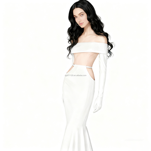 Ensemble deux pièces à épaules dénudées pour femmes haut court découpé et jupe Maxi sirène élégante robe à manches longues avec robe de cause à dos ouvert - Product Image 4