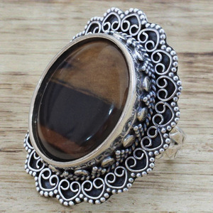 Anello in Argento T0988, Argento Sterling 925 Placcato Anticato con Incastonatura a Castone, Pietra Naturale a Forma di Fiore, Gioiello Unisex da Regalo - Product Image 3