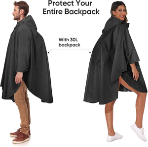 <strong>Black</strong> Polyester Taffeta Rain Coat Rain <strong>Poncho</strong> Hooded <strong>Cape</strong> with Dual Slant Pockets Full Zip Packable Bag for Travel - Product Image 3
