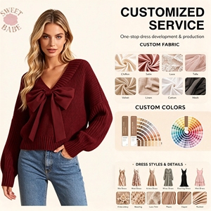 Pull court à col en V avec nœud décoratif et manches longues pour femme, couleur unie, collection automne-hiver – Offre spéciale - Product Image 1